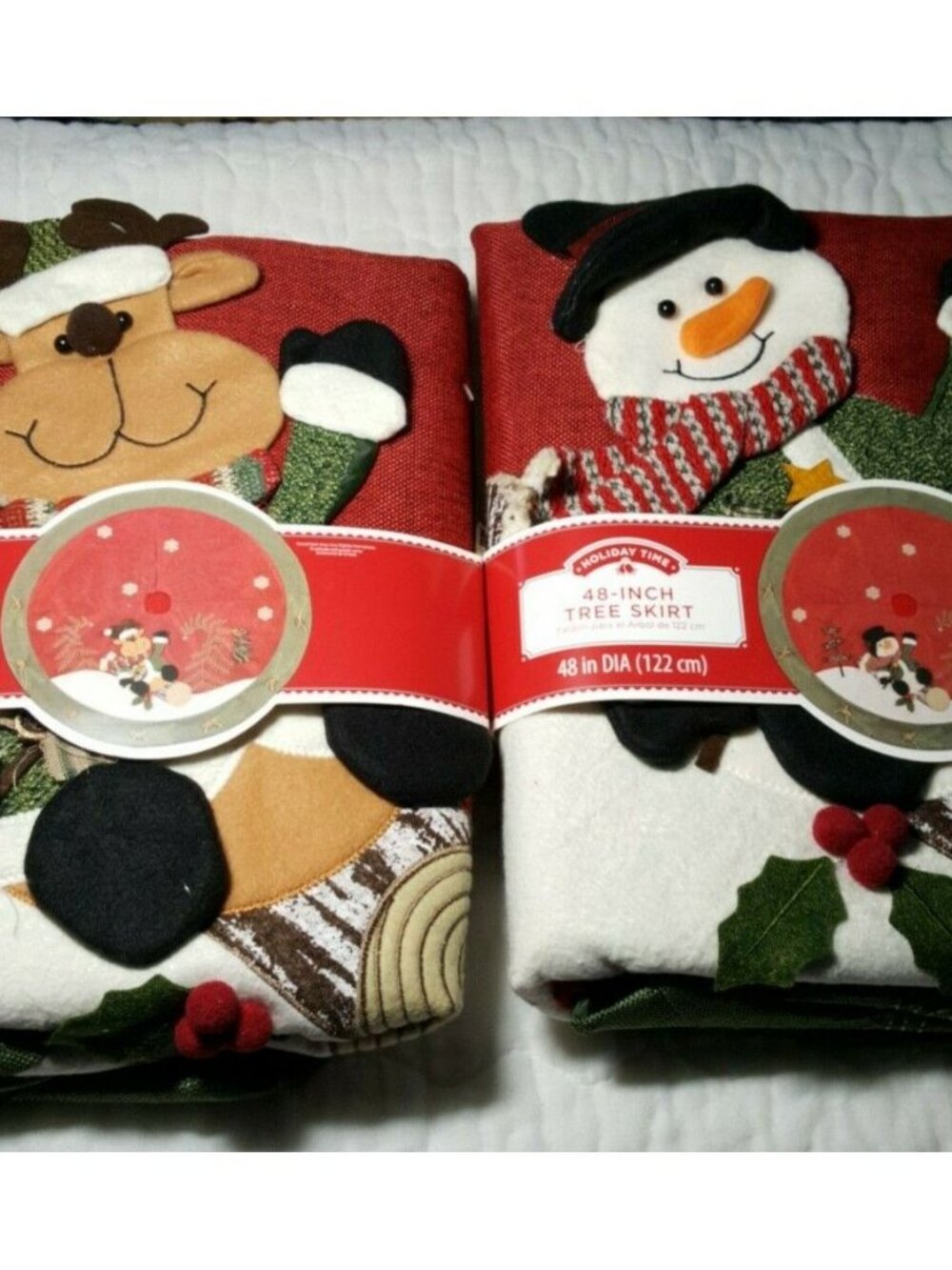 Reindeer Or Snowman Christmas Tree Skirt 3D 48" Red Burlap Your Choicr